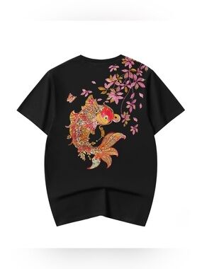 Niepce Black Short-Sleeve Tee with Pink & Gold Koi Fish Motif (E-T522)